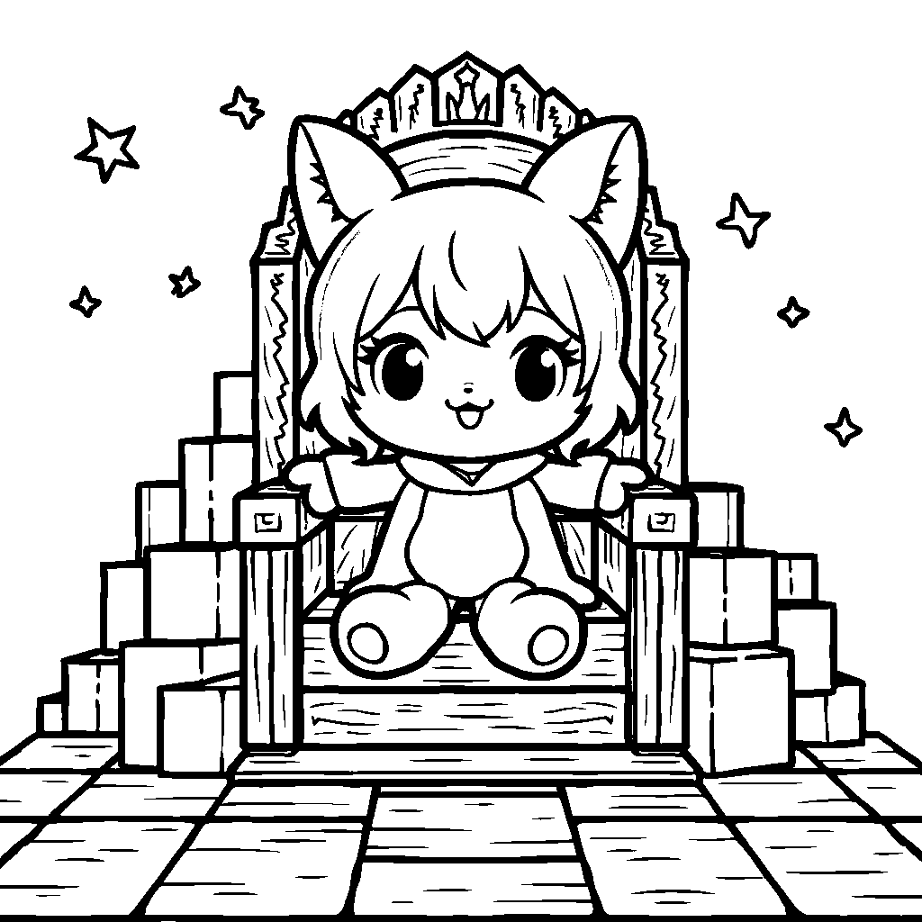 Kuromi sitting on a throne made of colorful blocks