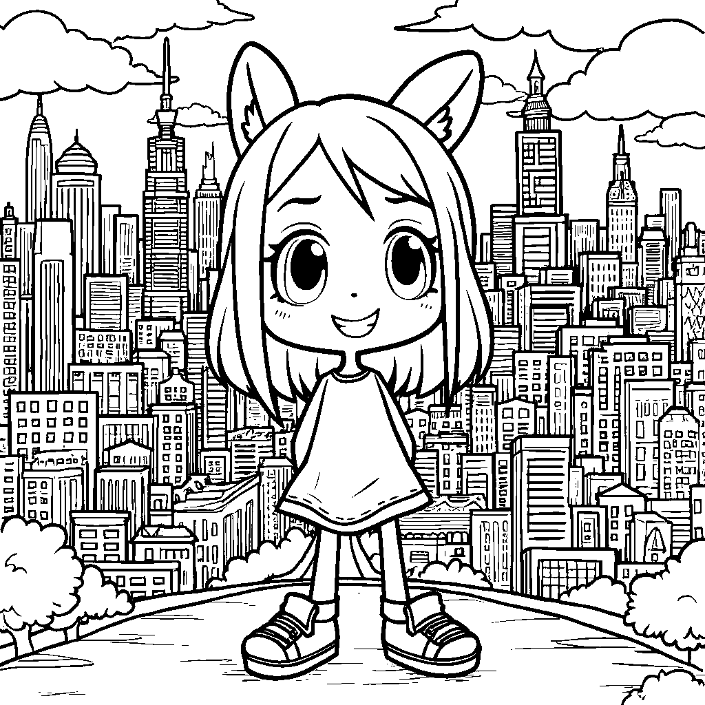 Kuromi standing in front of a giant colorful cityscape