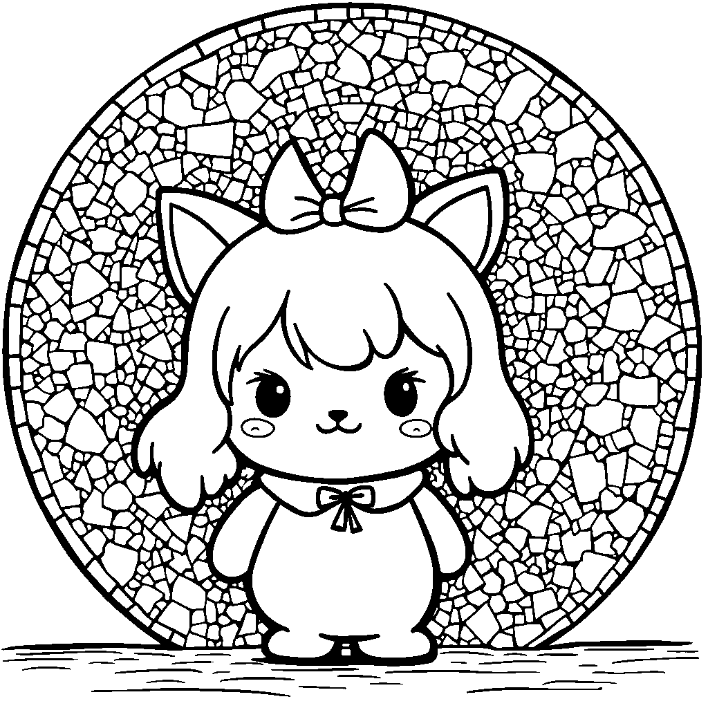 Kuromi standing in front of a giant colorful mosaic