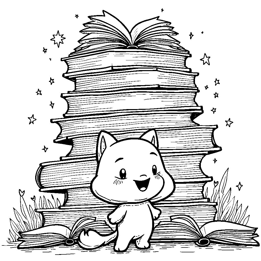 Kuromi standing in front of a giant stack of colorful books