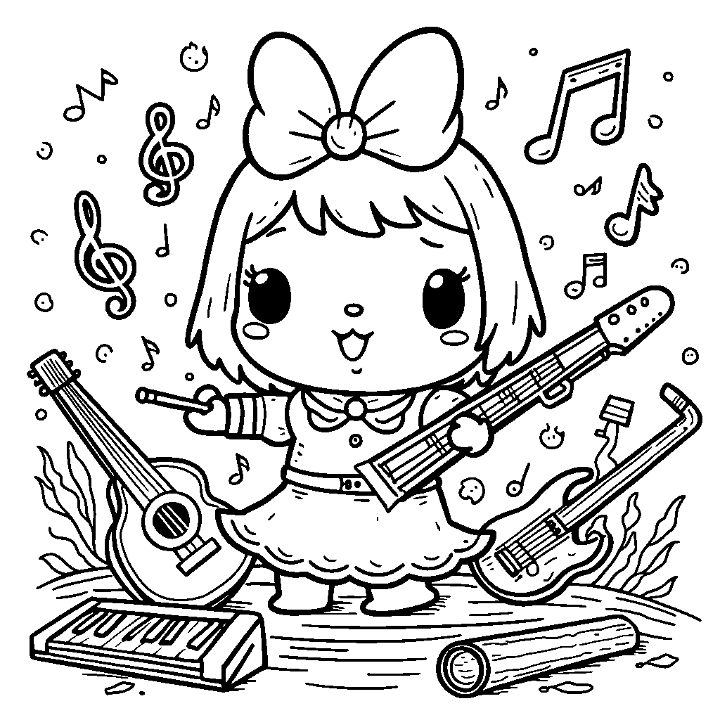 Kuromi surrounded by musical instruments and notes