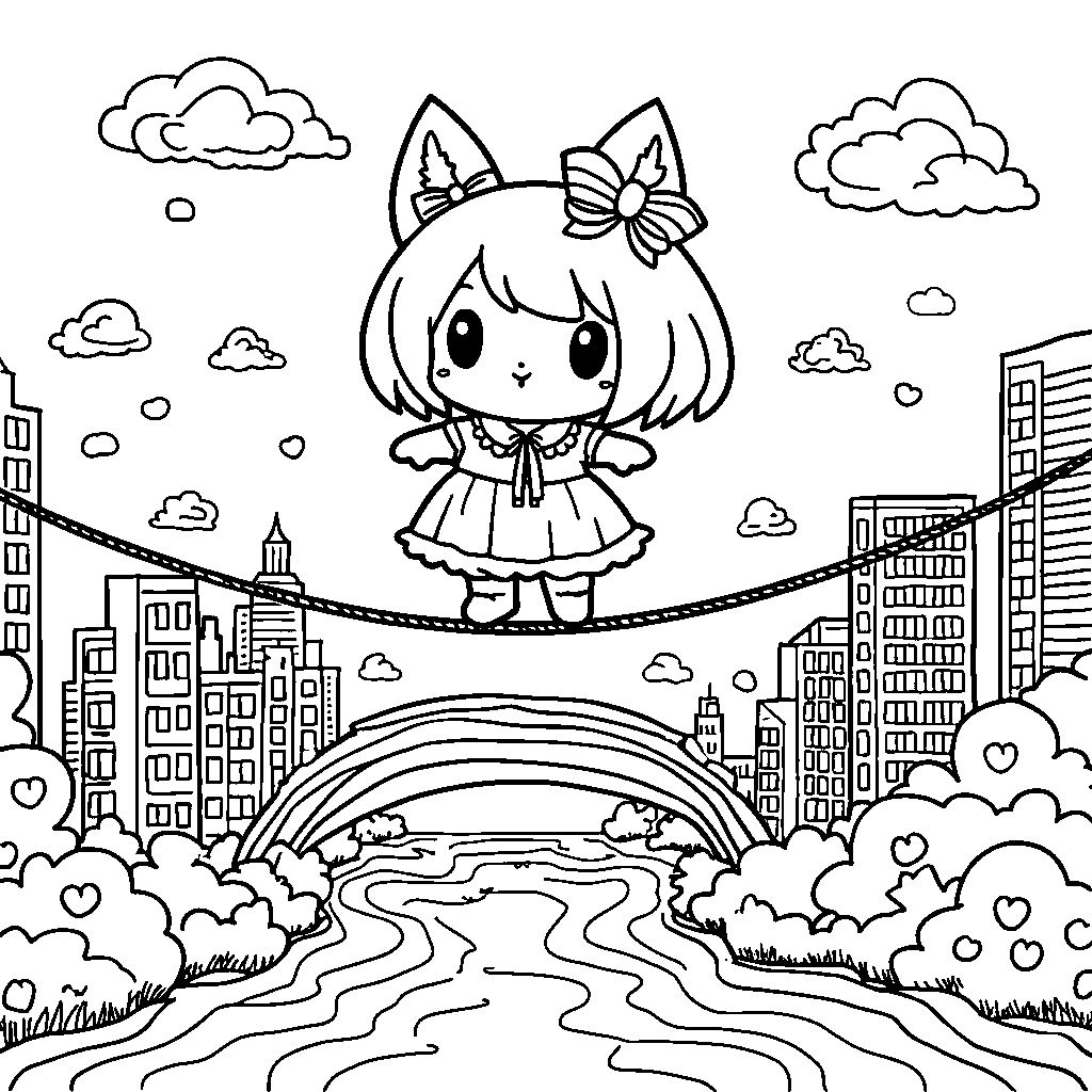 Kuromi walking on a tightrope over a pool of rainbow-colored water