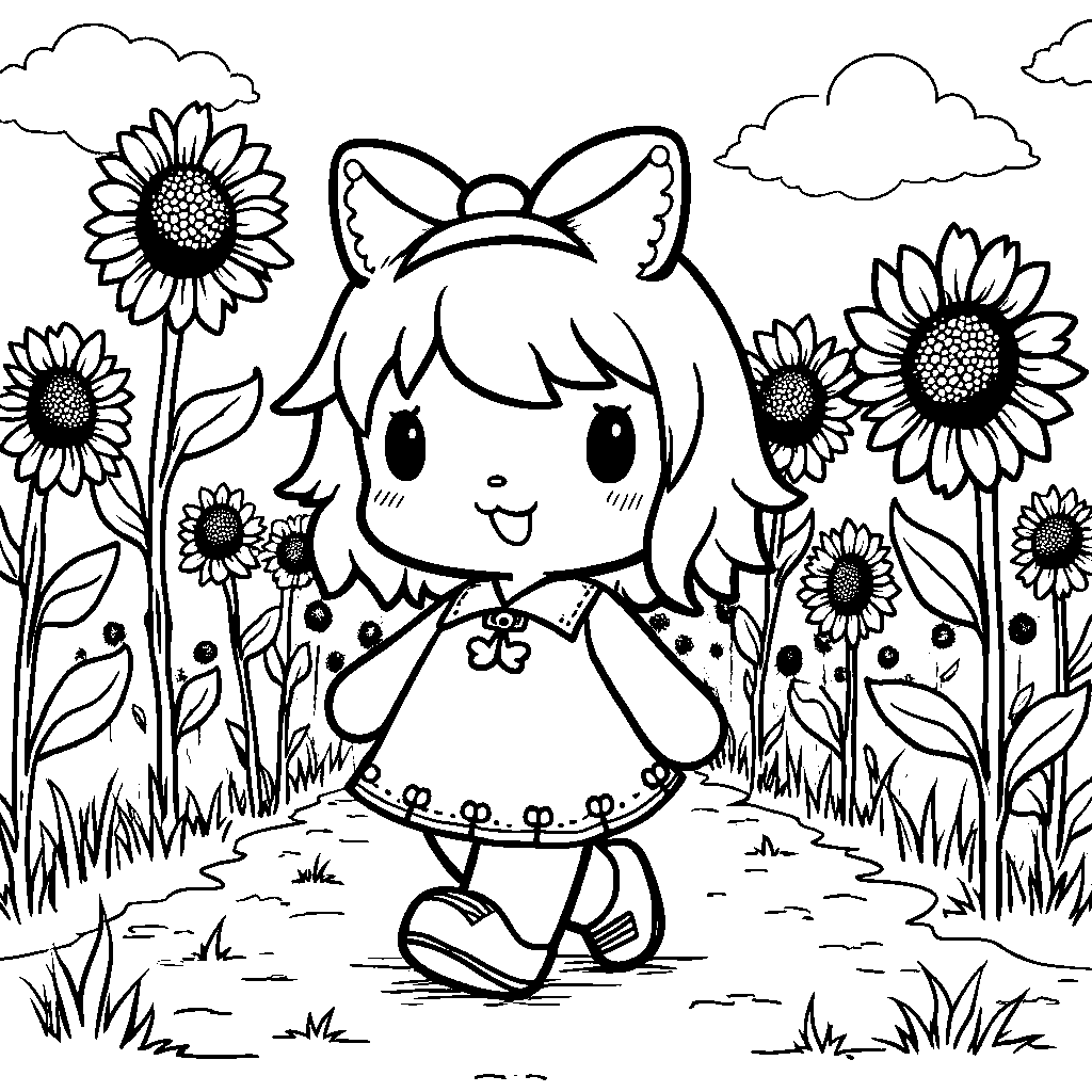 Kuromi walking through a field of tall, colorful sunflowers