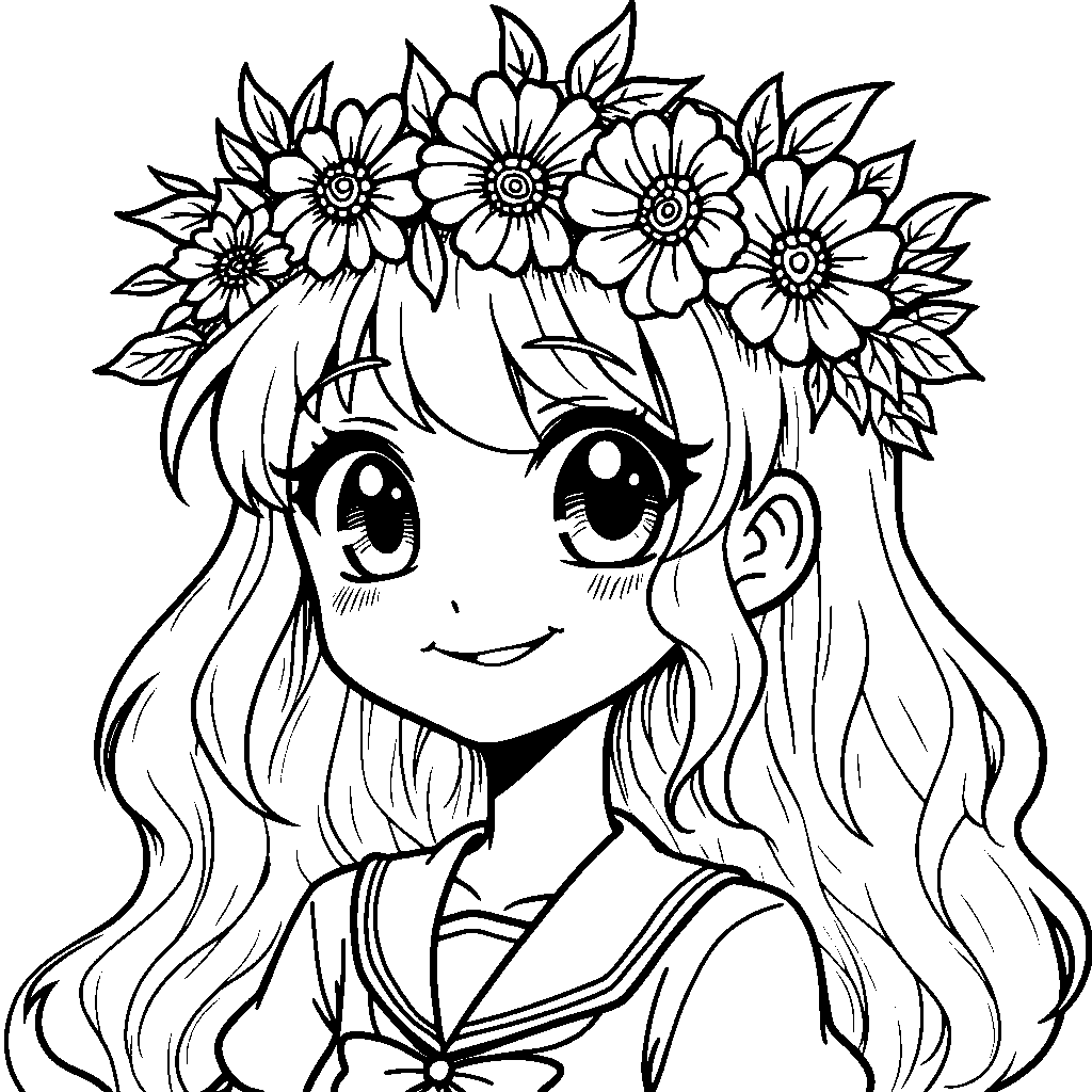 Kuromi wearing a crown made of flowers and leaves