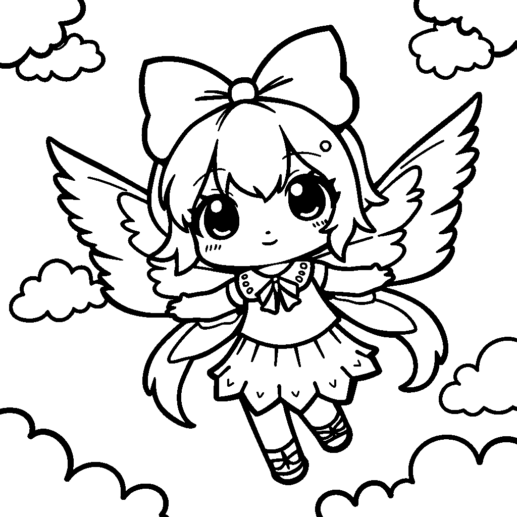 Kuromi wearing a pair of wings and flying through the air