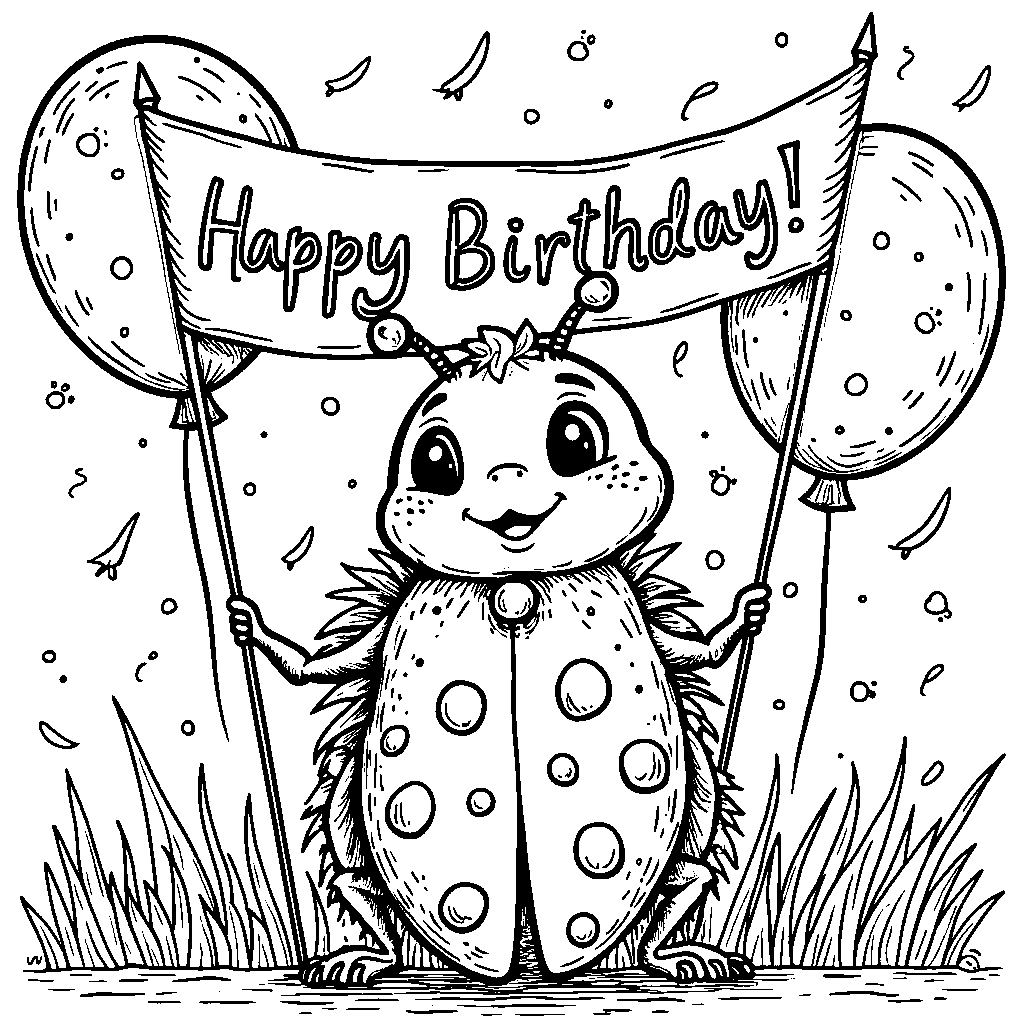 Ladybug holding a 'happy birthday' banner