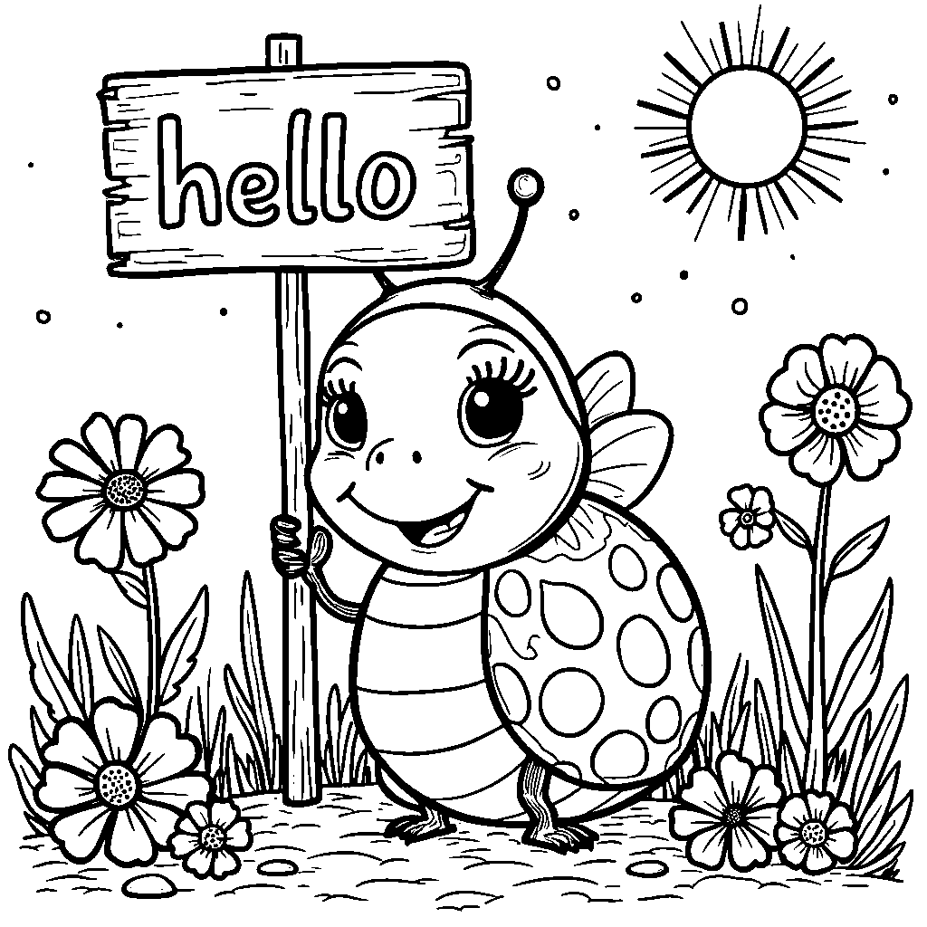 Ladybug holding a 'hello' sign