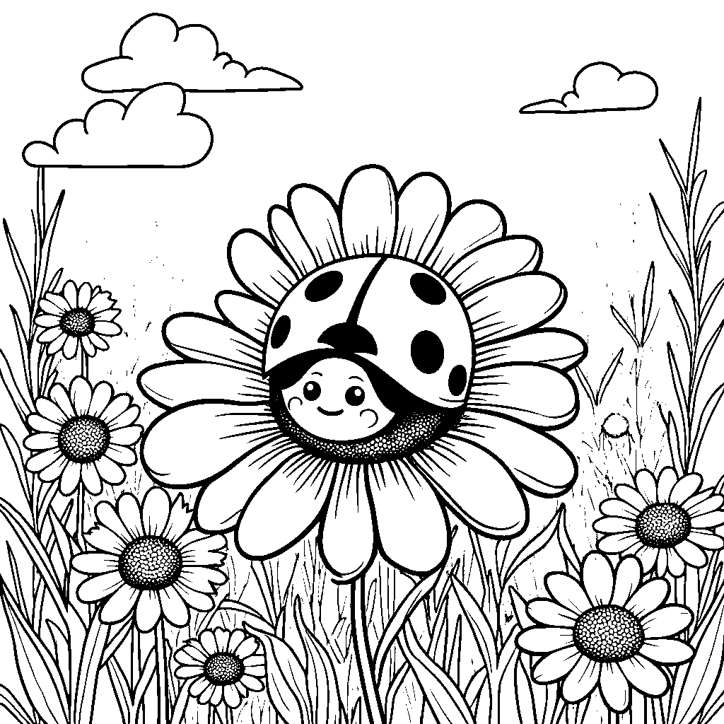 Ladybug in a garden filled with daisies