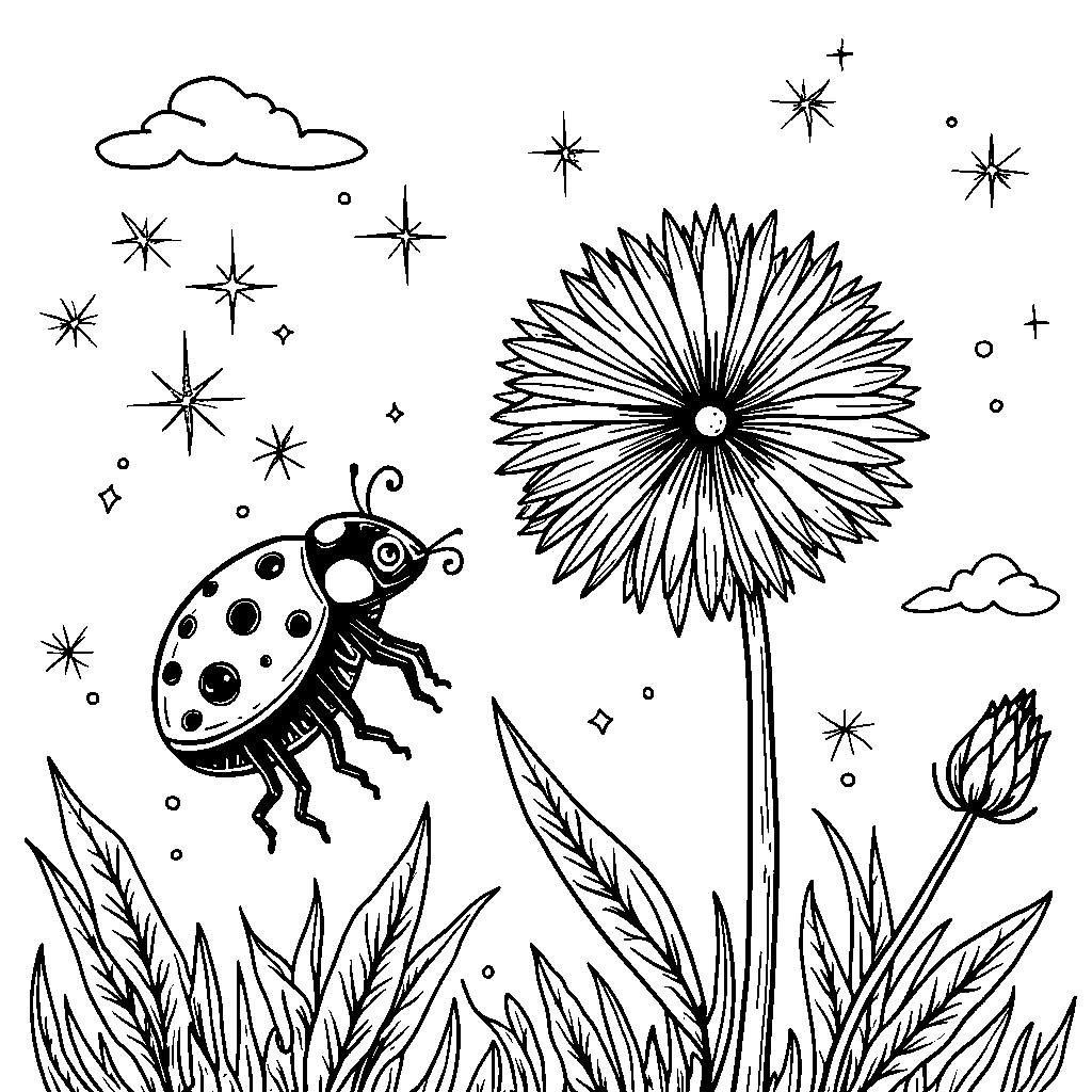 Ladybug making a wish on a dandelion