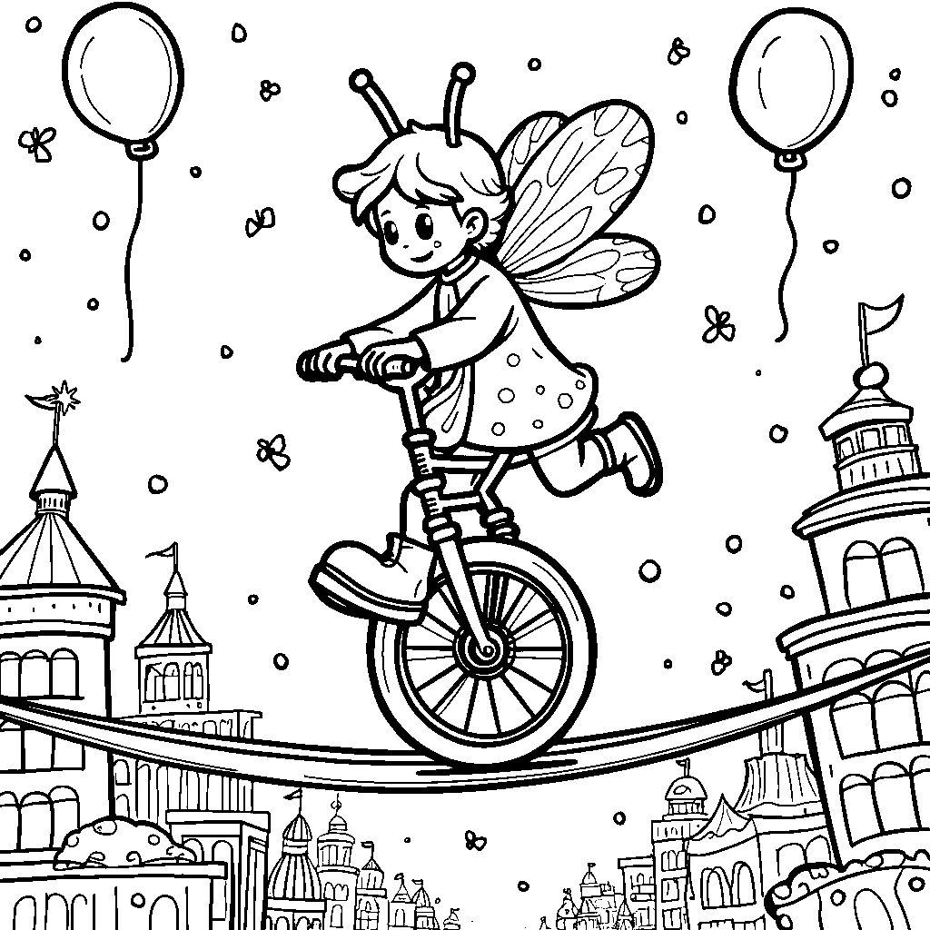 Ladybug riding a unicycle on a tightrope