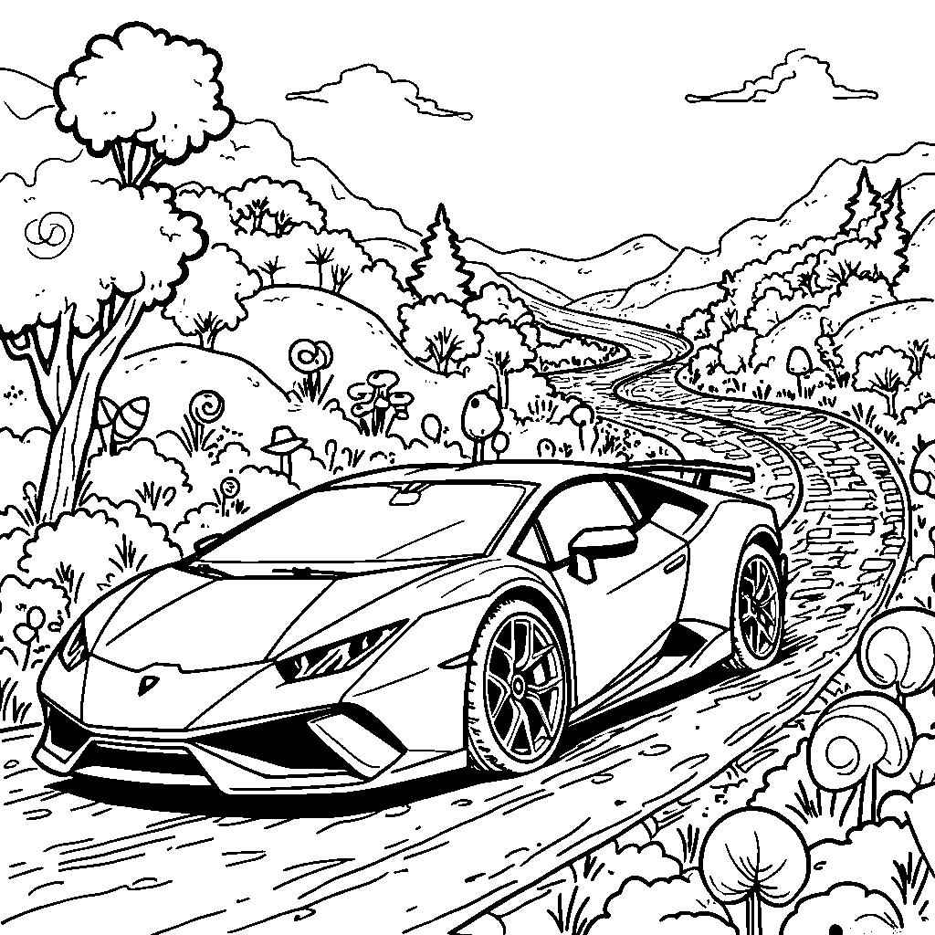 Lamborghini driving on a road made of candy