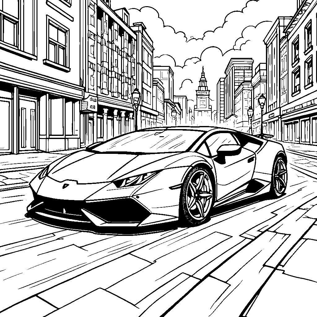 Lamborghini driving through a city at night