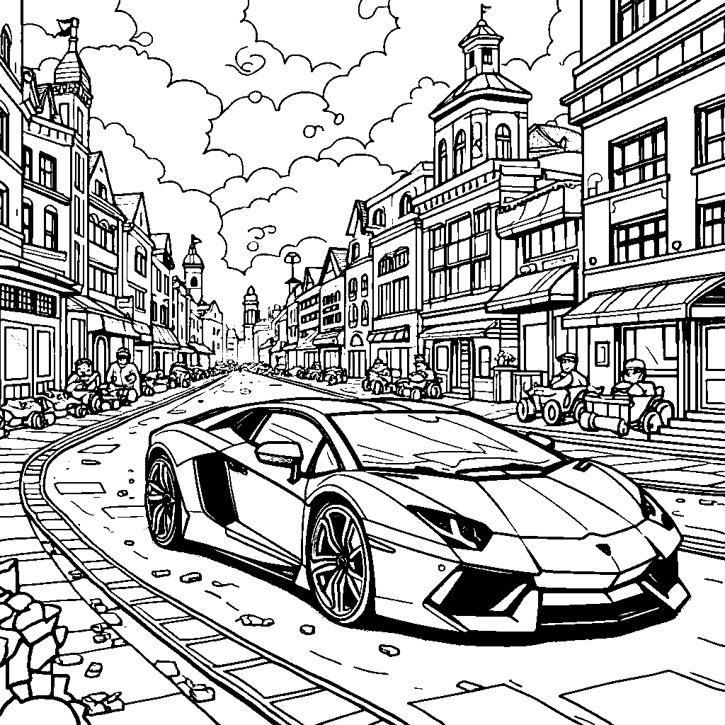 Lamborghini driving through a city made of toys