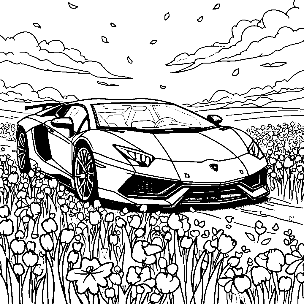 Lamborghini driving through a field of flowers