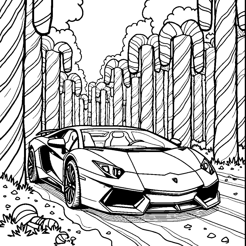 Lamborghini driving through a forest made of candy canes