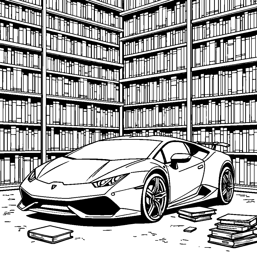 Lamborghini parked in front of a giant bookshelf