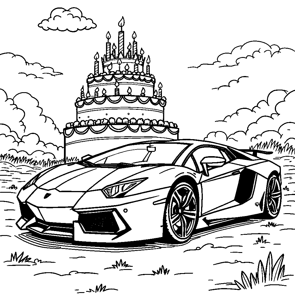 Lamborghini parked in front of a giant cake