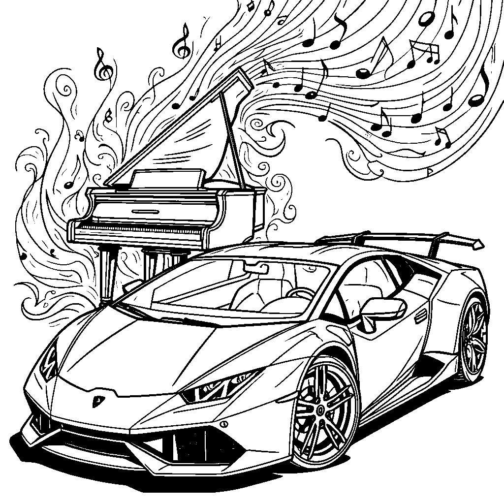 Lamborghini parked in front of a giant musical instrument