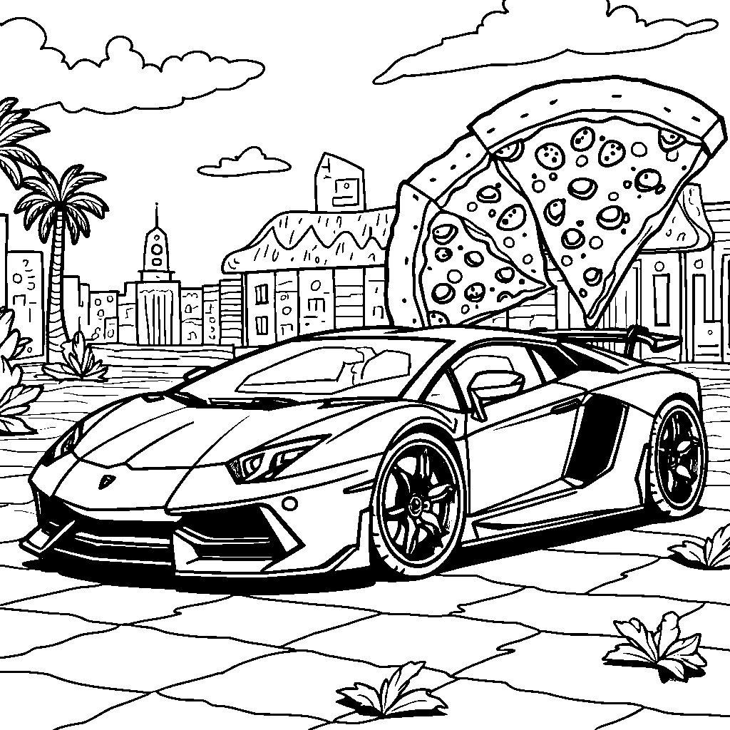 Lamborghini parked in front of a giant pizza