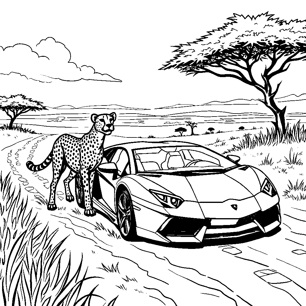 Lamborghini racing a cheetah in the savannah