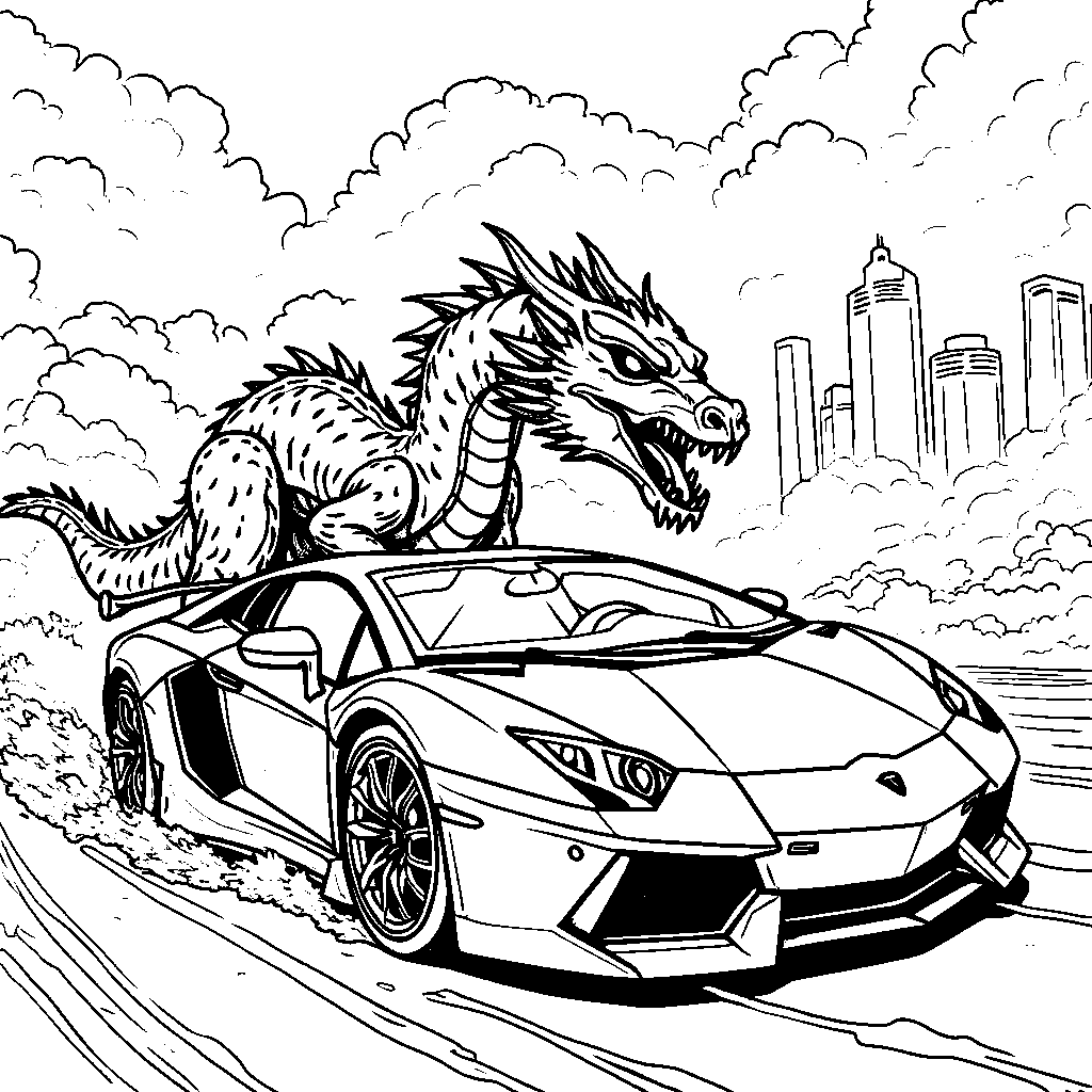 Lamborghini racing a dragon in the sky