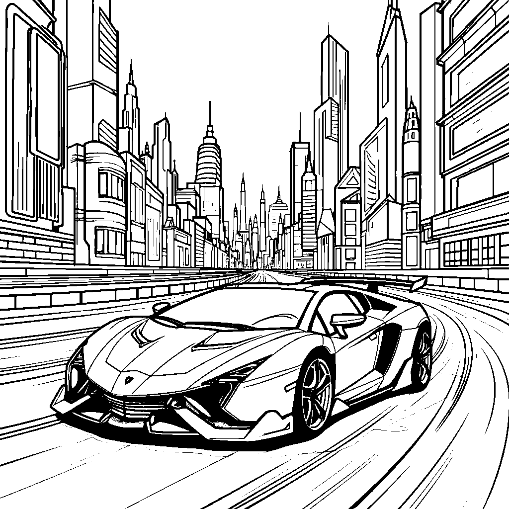 Lamborghini racing a robot in a futuristic city