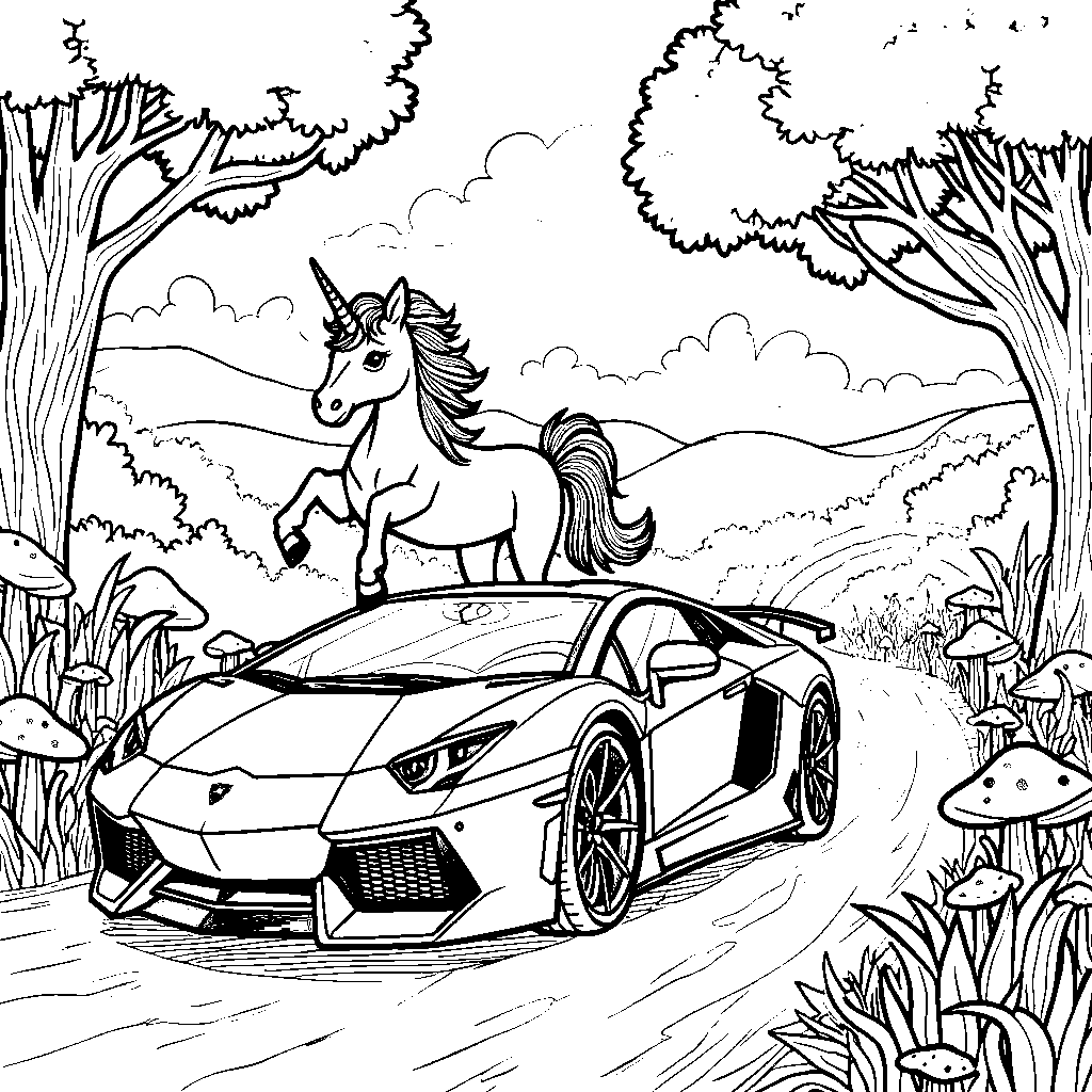 Lamborghini racing a unicorn in a magical forest