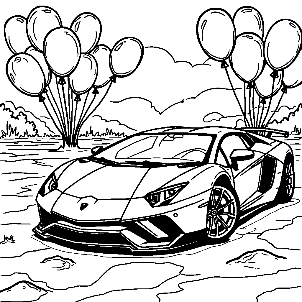 Lamborghini surrounded by colorful balloons