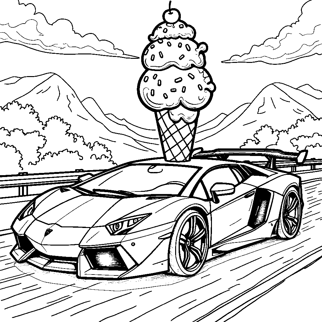 Lamborghini with a giant ice cream cone on its roof