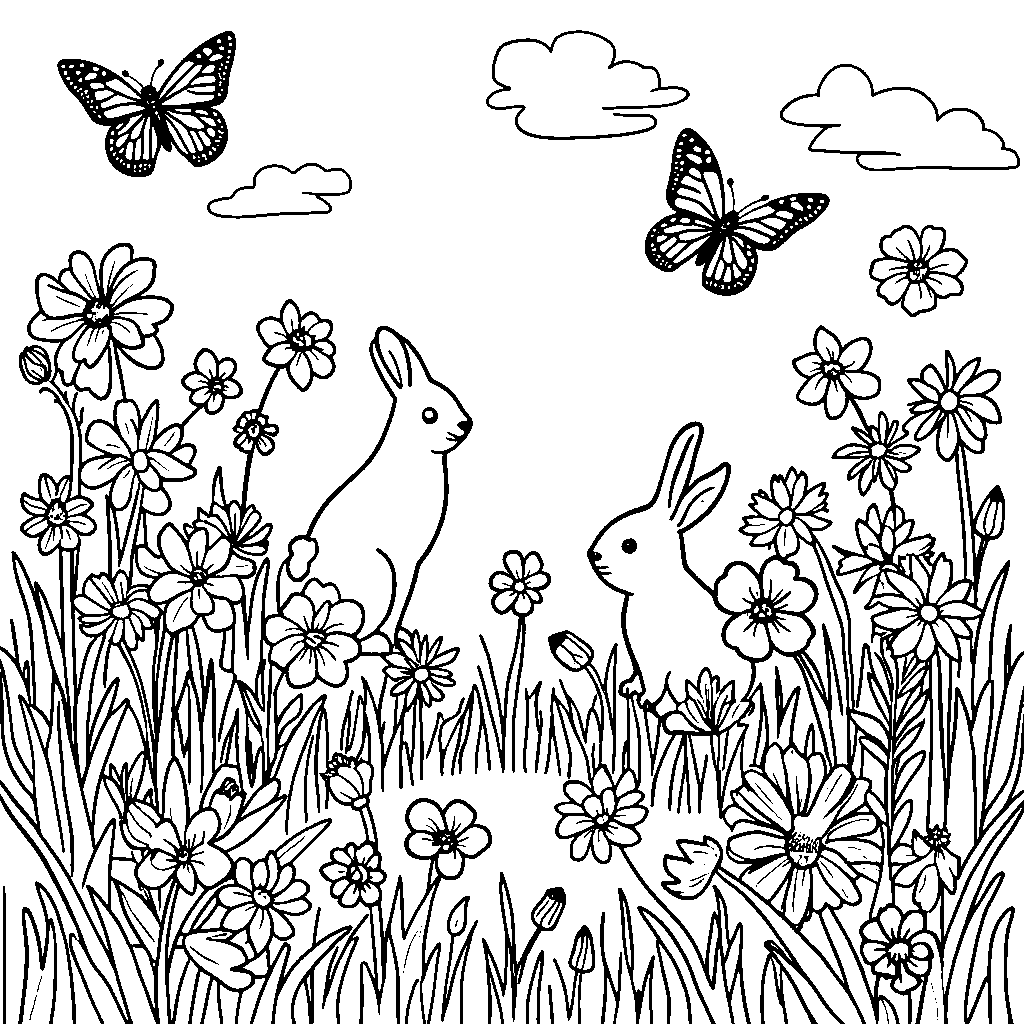 A beautiful spring meadow with flowers, butterflies, and bunnies