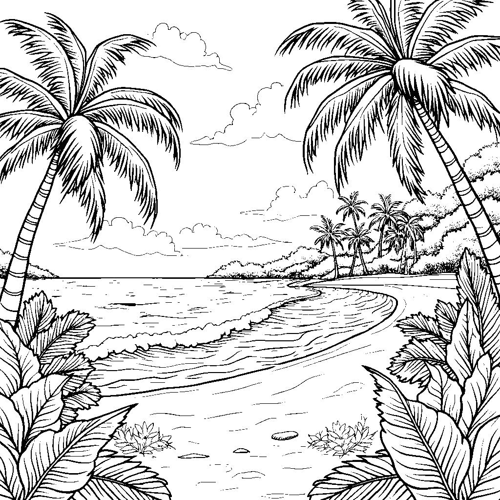 A beautiful tropical island with palm trees, beaches, and coconuts