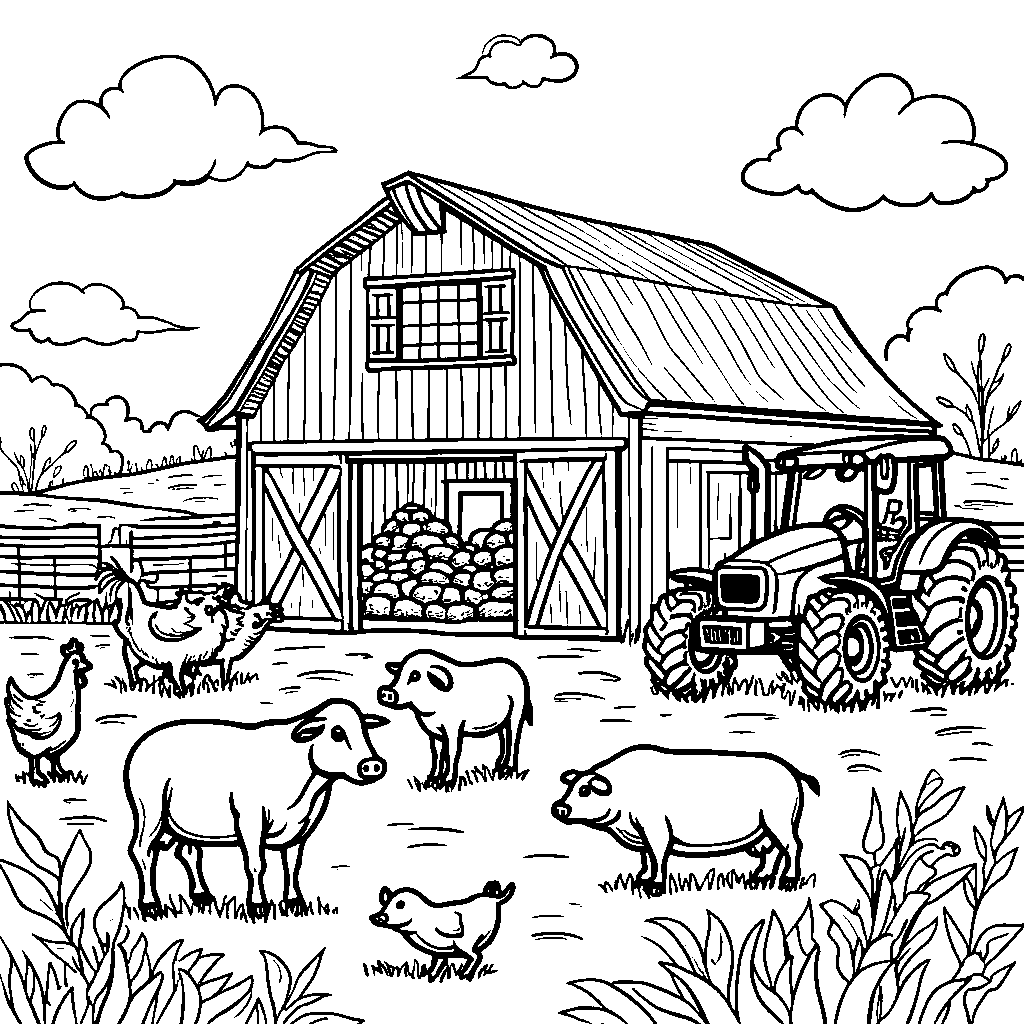 A busy farm with tractors, animals, and a big red barn