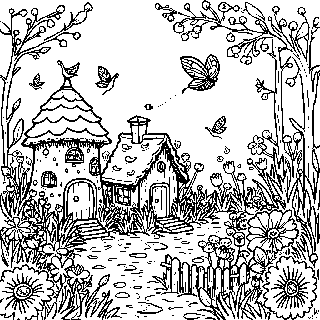 A charming fairy garden with tiny houses, flowers, and fairies