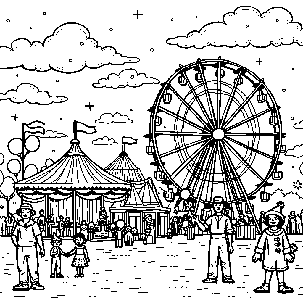 A colorful carnival with clowns, balloons, and Ferris wheels