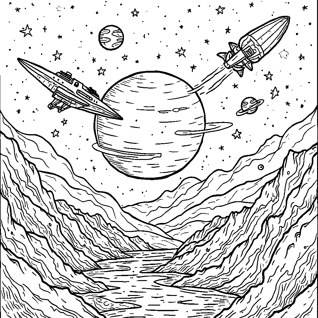 A futuristic space landscape with planets, stars, and spaceships