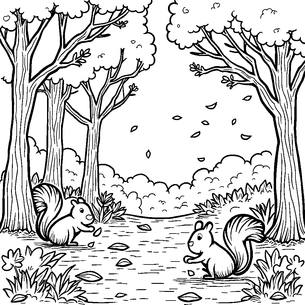 A peaceful autumn forest with falling leaves and squirrels