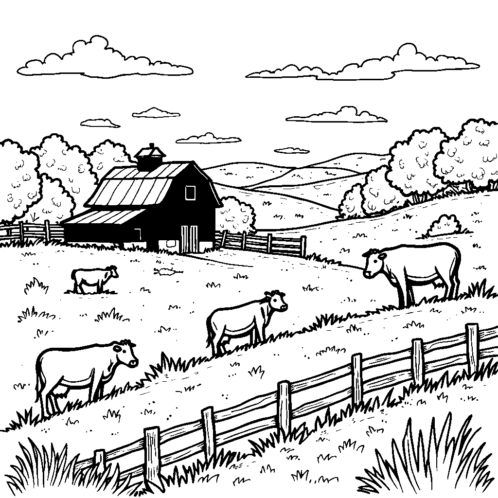 A peaceful countryside with rolling hills, cows, and a red barn