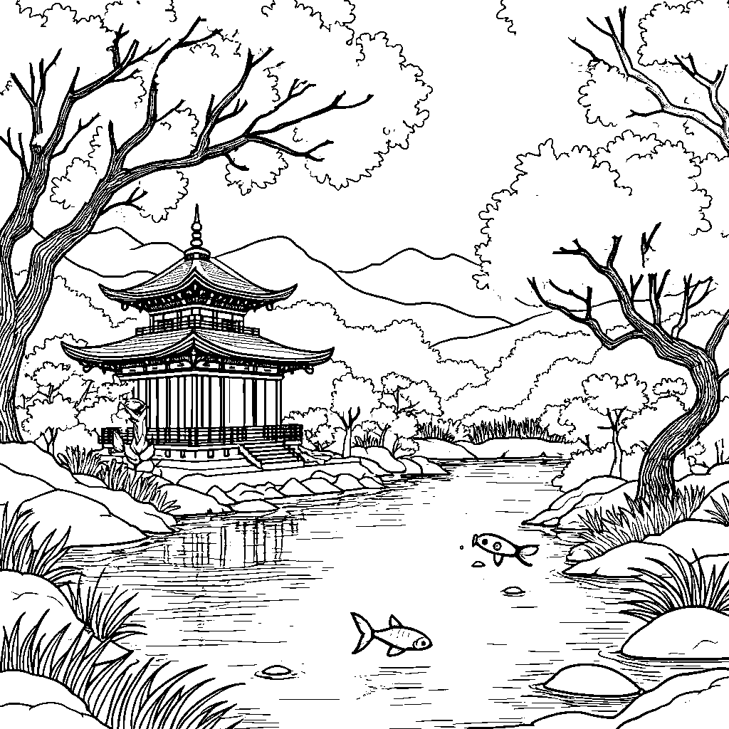 A peaceful Japanese garden with cherry blossoms and koi fish