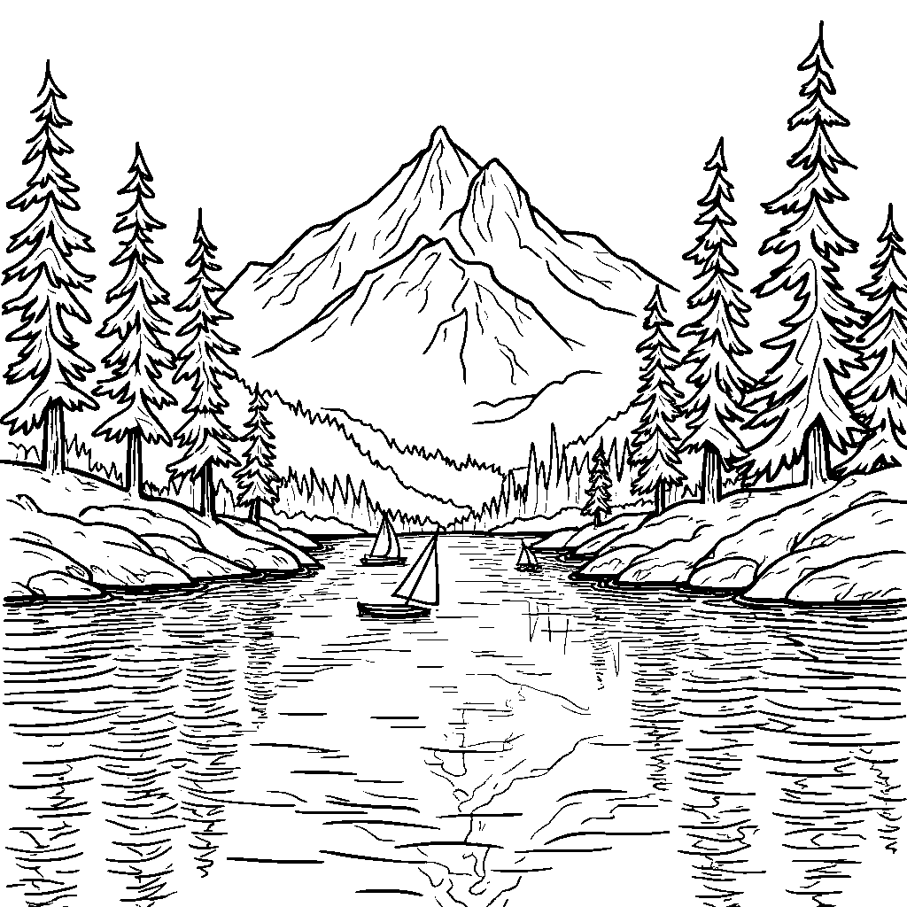 A serene mountain lake surrounded by pine trees and mountains