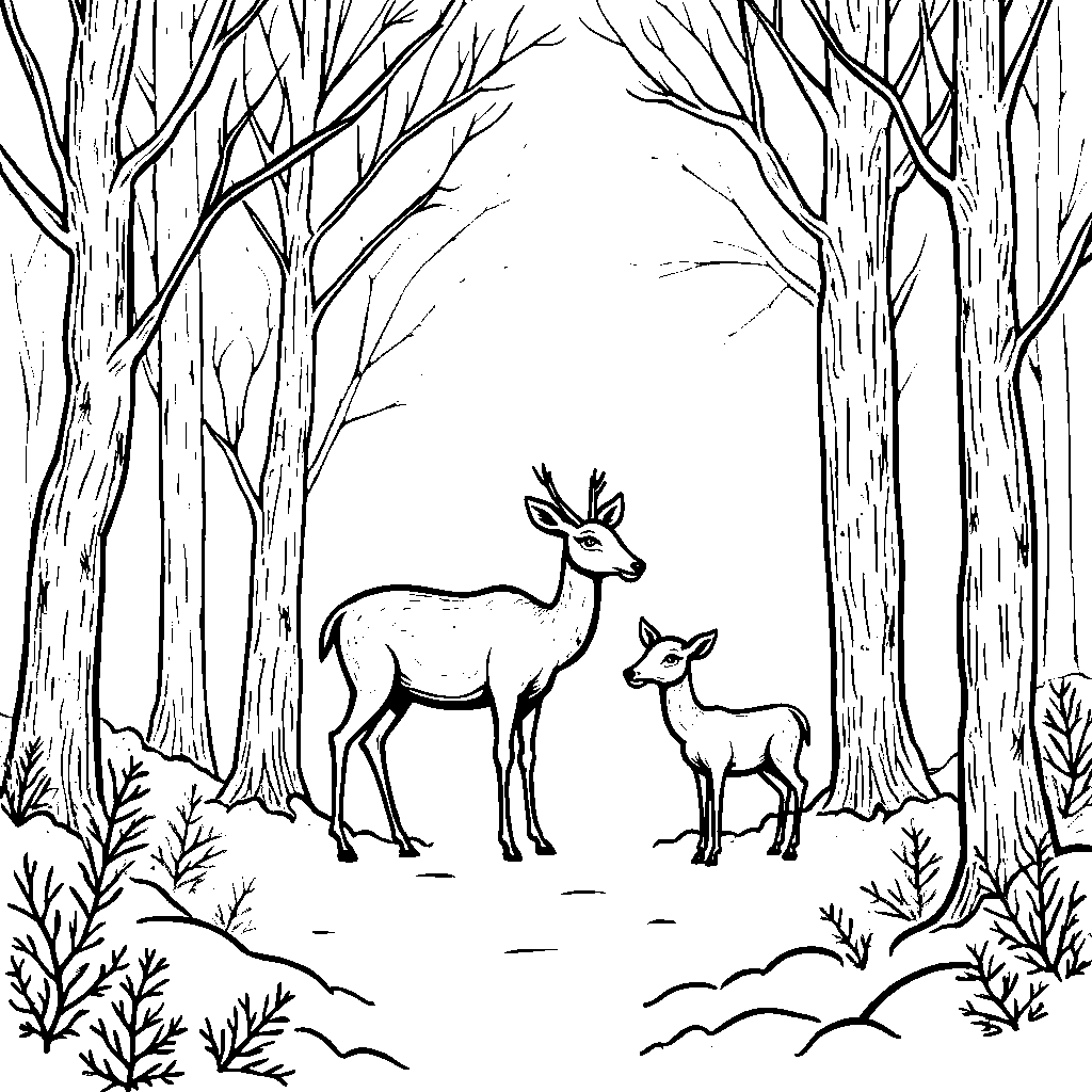 A serene winter forest with snow-covered trees and deer