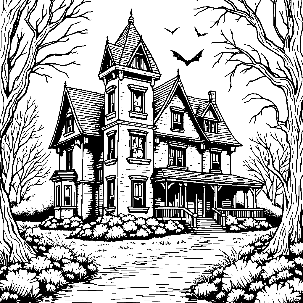 A spooky haunted mansion with ghosts, bats, and cobwebs