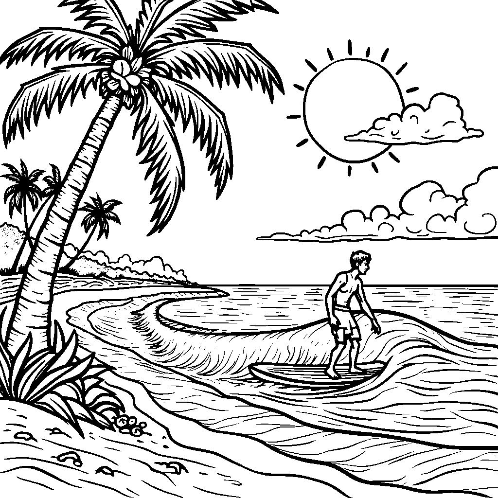 A vibrant beach scene with surfers, palm trees, and a bright sun