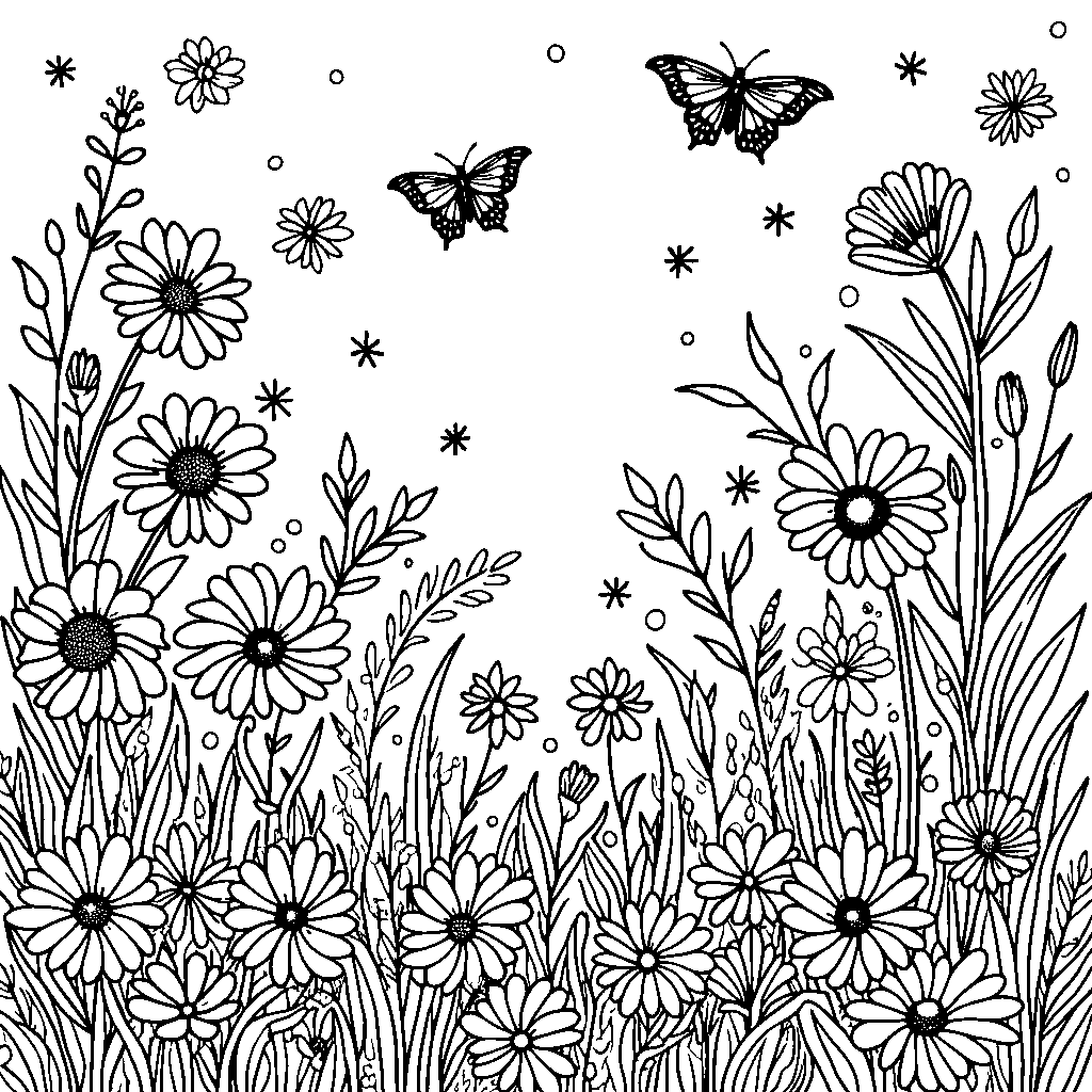 A whimsical garden filled with colorful flowers, butterflies, and bees