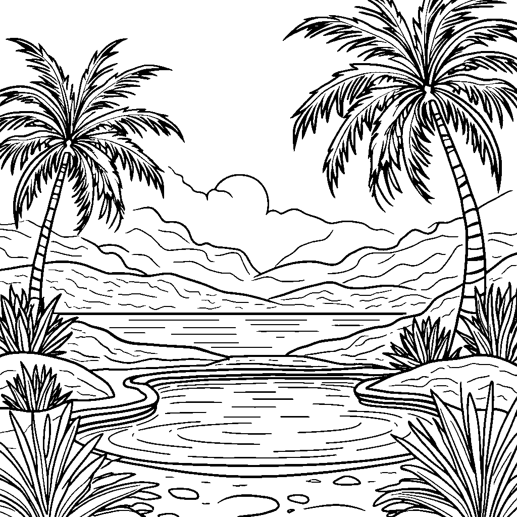 Desert oasis with palm trees and a sunny sky