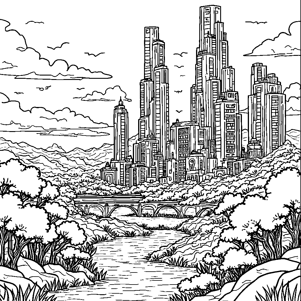 A leafy city with towering skyscrapers