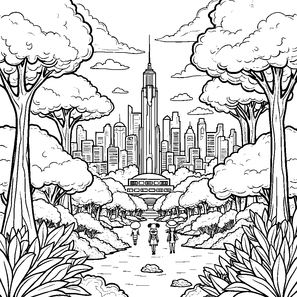 A leafy cityscape with towering trees