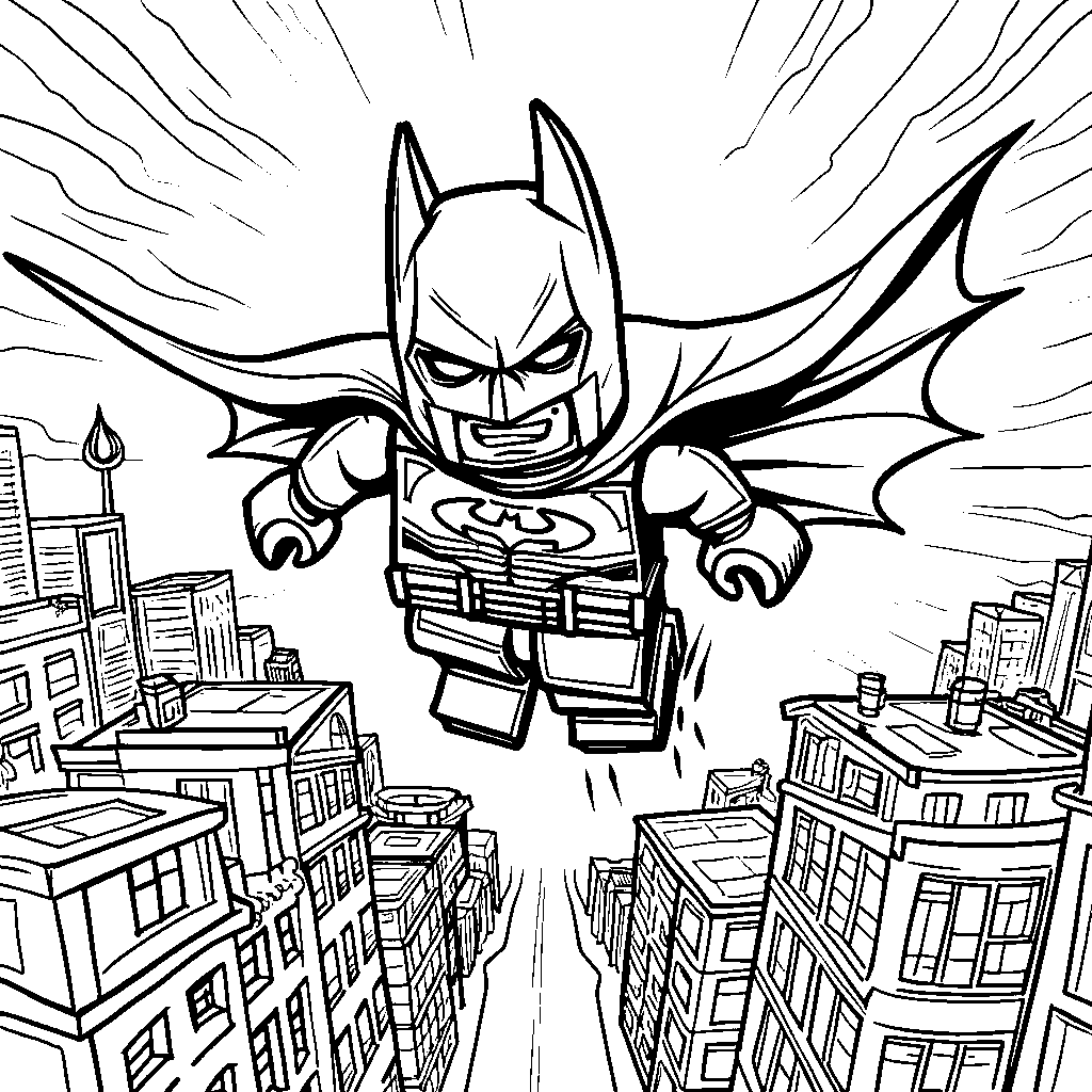 Lego Batman flying through the city