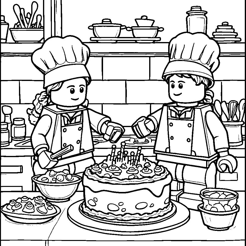 Lego chefs baking a cake in a kitchen