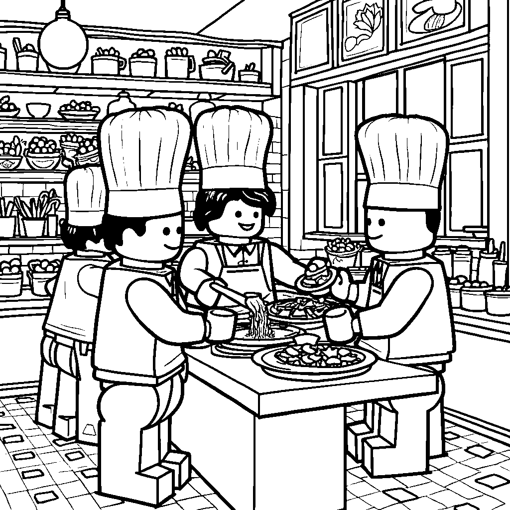 Lego chefs cooking in a restaurant