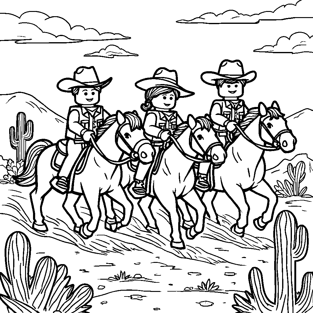 Lego cowboys riding horses in the Wild West